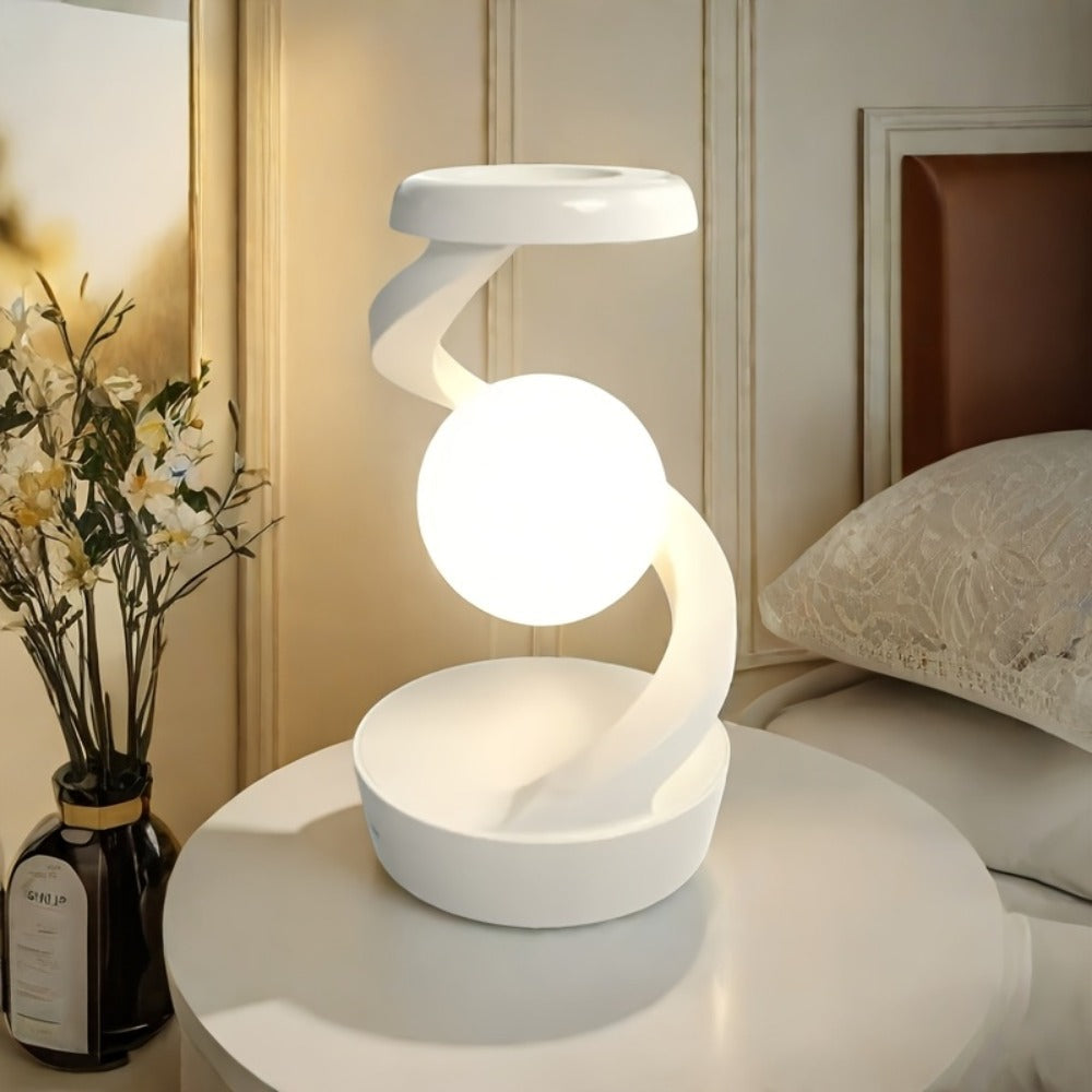 Floating Rotating Night Light with Wireless Charger – Smart Desktop Visual Levitating Lamp with Light Sensor, Hand Wave Control, Atmosphere Mood Light for Bedroom Office Party Decor, Gift (Grey/White)