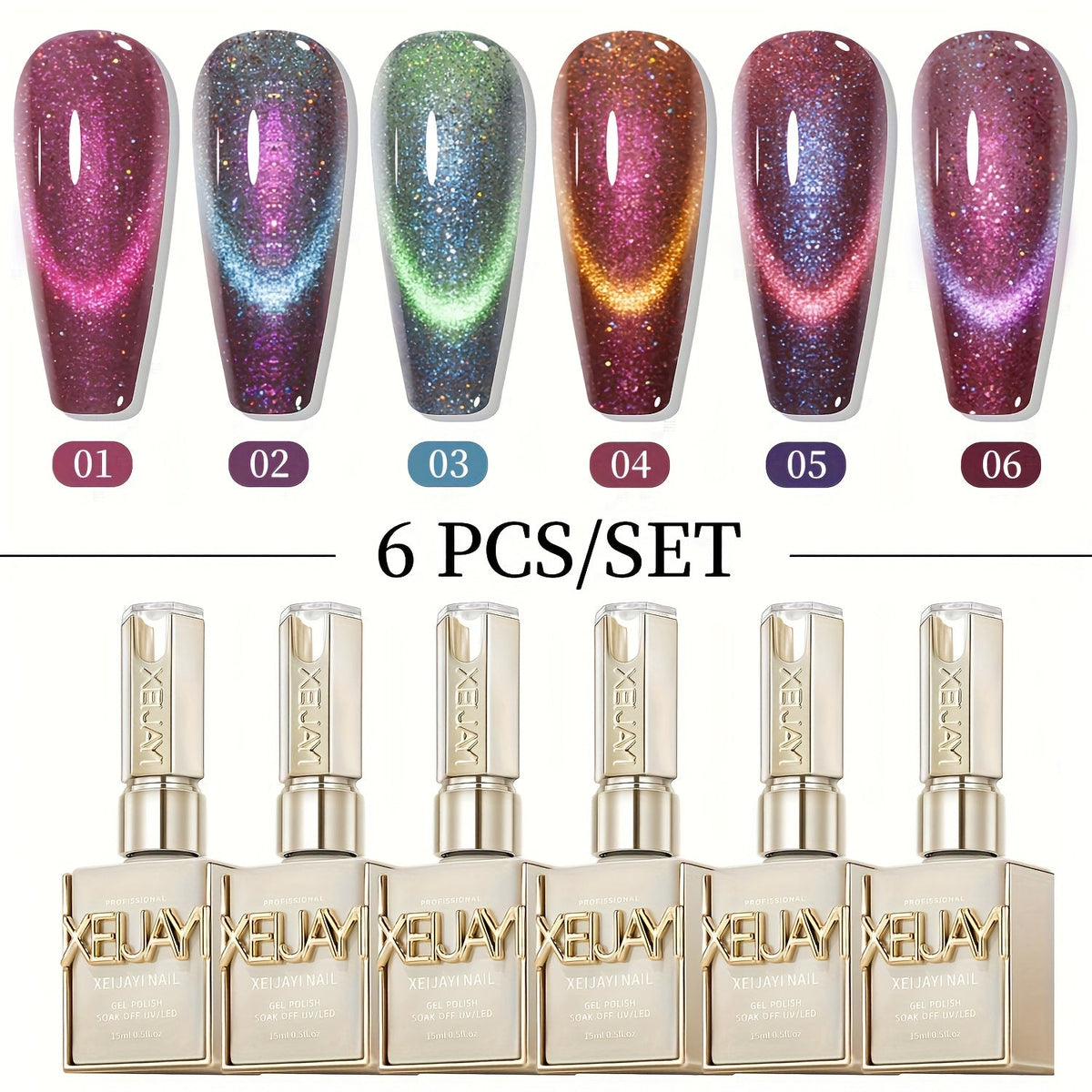 Cat Eye Gel Polish Set 6 Colors Holographic Magnetic — Dynamic Elf Reflective Soak Off UV LED Nail Gel 0.51oz Each | Multidimensional Light-Shifting Sparkle for Salon & Home Nail Art | Long-Lasting Chip-Resistant
