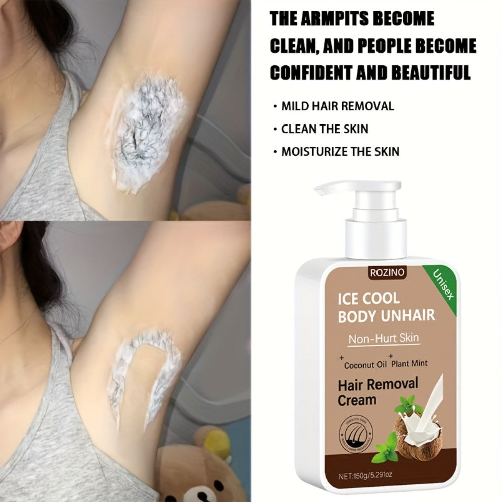 Hair Removal Cream Coconut 150g Painless Semi-Permanent Depilatory – Gentle Non-Irritating Formula for Face Lip Underarm Legs Arms & Bikini Area, Up to 6 Month Smooth Skin Results for Women Sensitive Skin