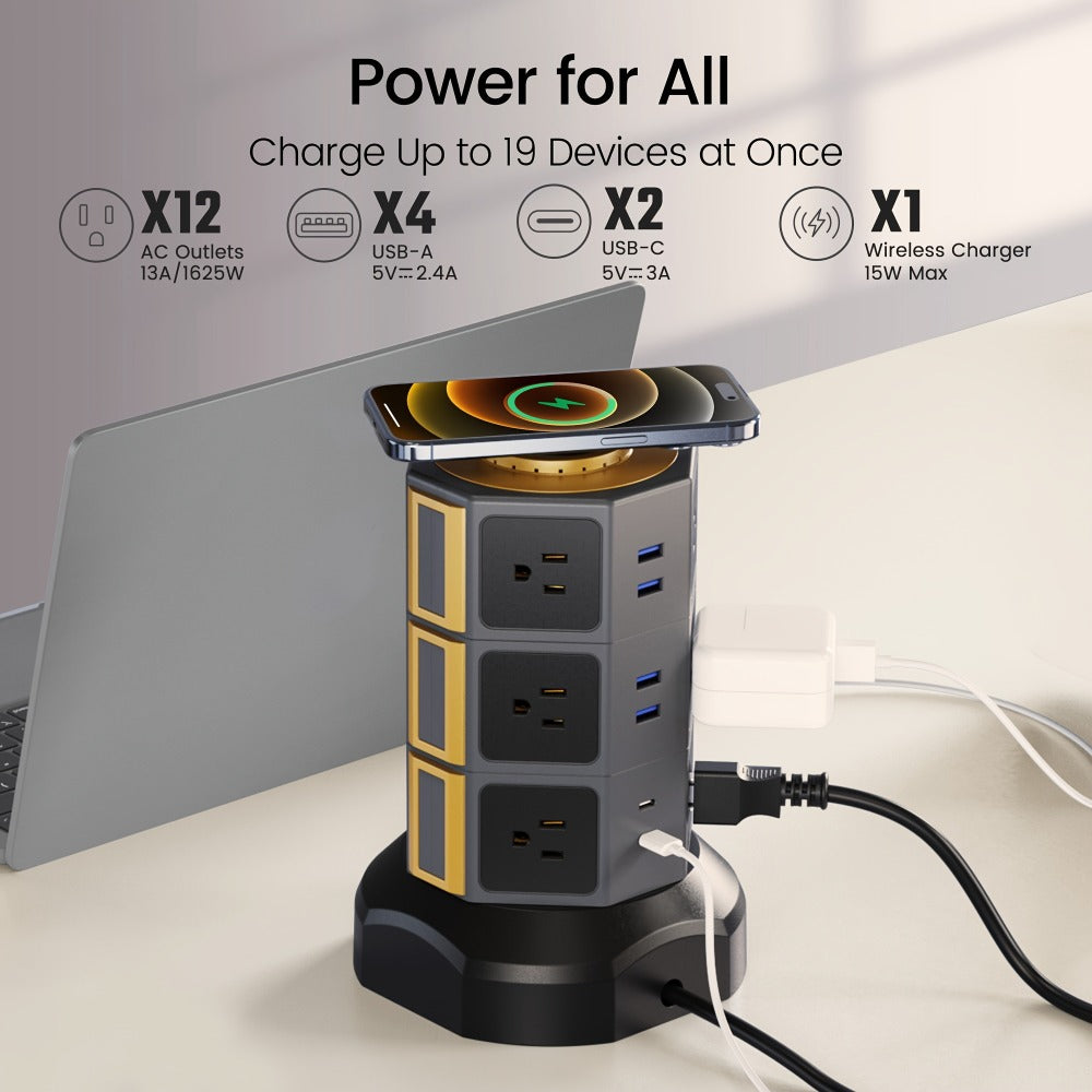 Wireless Charging Tower Power Strip 18-in-1 Surge Protector - 12 AC Outlets, 6 USB Ports (2 USB-C), 1050 Joules, 5ft Retractable Cord, Gold Desktop Charging Tower for Home Office Dorm