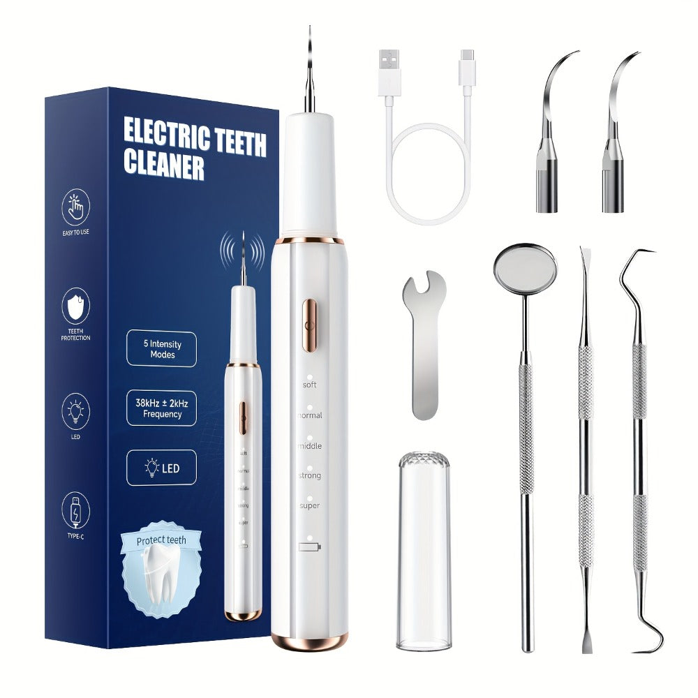 Interdental Plaque Remover with LED Light – Electric Teeth Cleaner, 5 Cleaning Modes, 2 Replacement Heads, Oral Irrigator-Like Function, No Water Required, Dental Care for Travel & Home Use