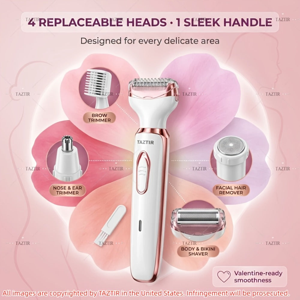 4-in-1 Electric Shaver for Women Rechargeable Wet & Dry Painless – Face Nose Legs Underarm Bikini Trimmer Portable Cordless Grooming Kit, Luxury Gift Set Options for Her