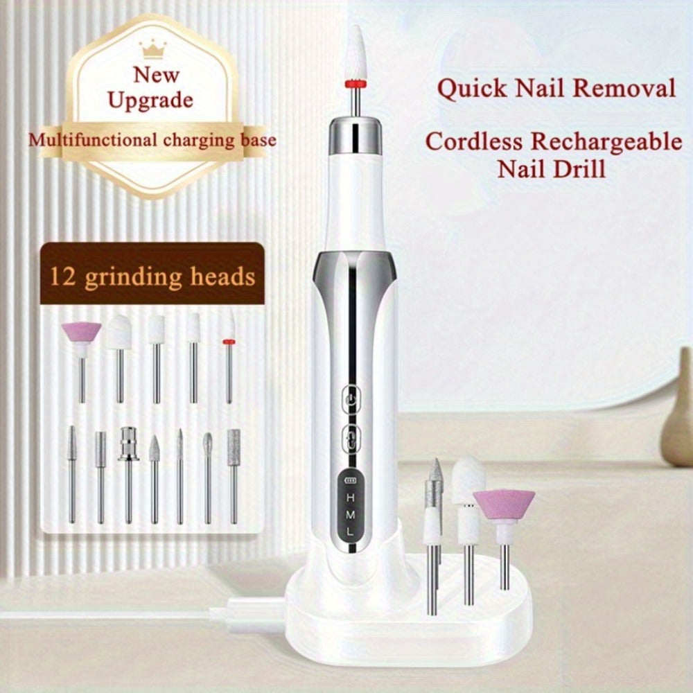 Electric Nail Drill Cordless USB Rechargeable 12 Bits Sanding Bands Manicure Pedicure Kit Low Noise Portable Pen Style Home Salon Beginner Professional Golden White