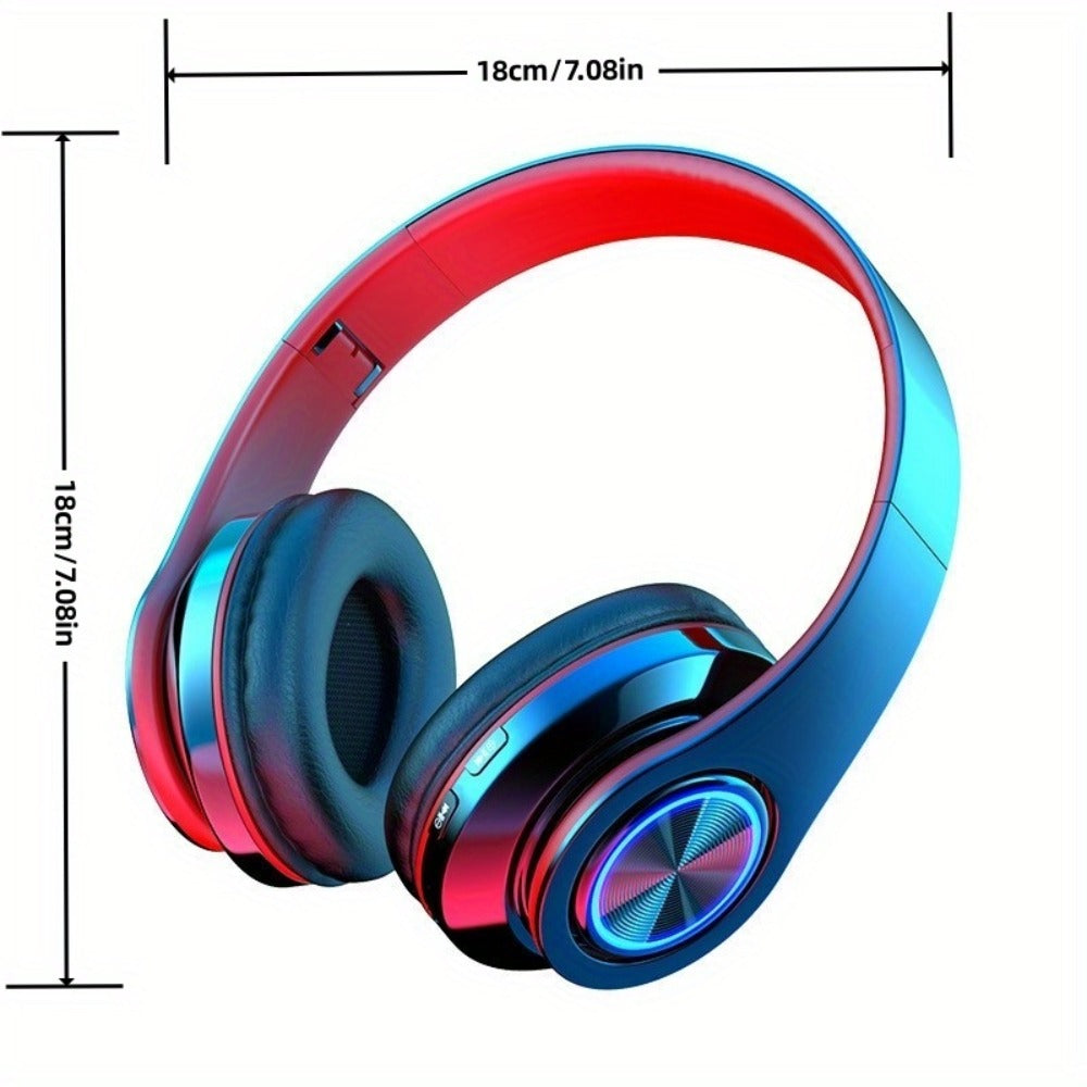 LED Light Over-Ear Wireless Headphones Deep Bass Subwoofer, Active Noise Cancelling Foldable Headset Bluetooth 5.3, Wired & Wireless Dual Mode AUX, USB Rechargeable for Gaming Music Sports