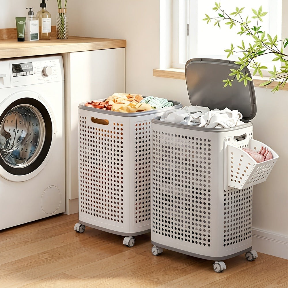 Wheeled Laundry Hamper Large Foldable with Dividers & Dust-Proof Lid – 360° Breathable Mesh Basket on Wheels, Reinforced Steel Base, Portable Clothes Organizer for Bedroom, Bathroom & Dorm