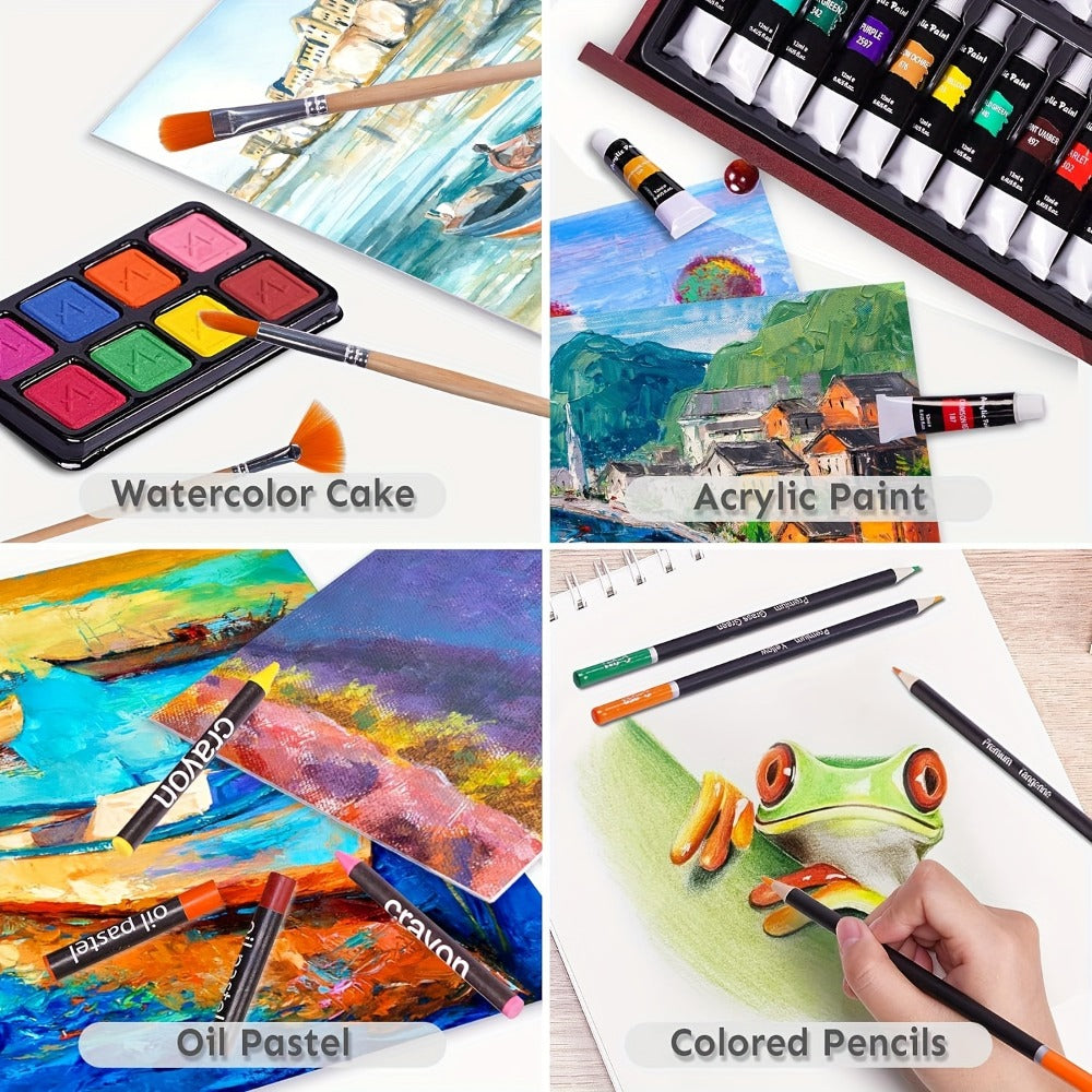 175-Piece Deluxe Art Set in Wooden Case – Drawing Pads Crayons Acrylic Paints Colored Pencils Complete Professional Art Kit Gift for Kids Teens Adults Birthday Christmas