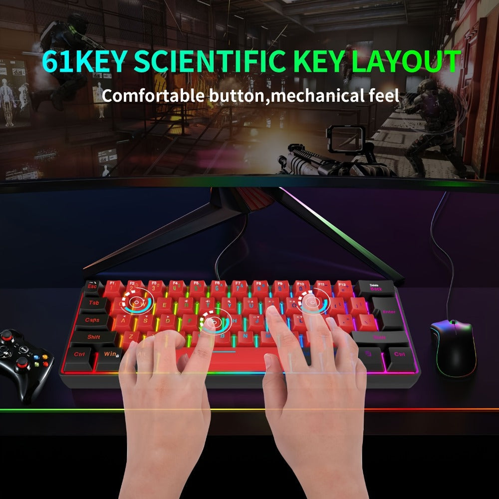 60% Mini Wired Gaming Keyboard SNPURDIRI RGB Backlit Ultra-Compact Film Keys – Space-Saving Tenkeyless Design for PC Gamers, Desktop & Laptop, Black Red Color Options