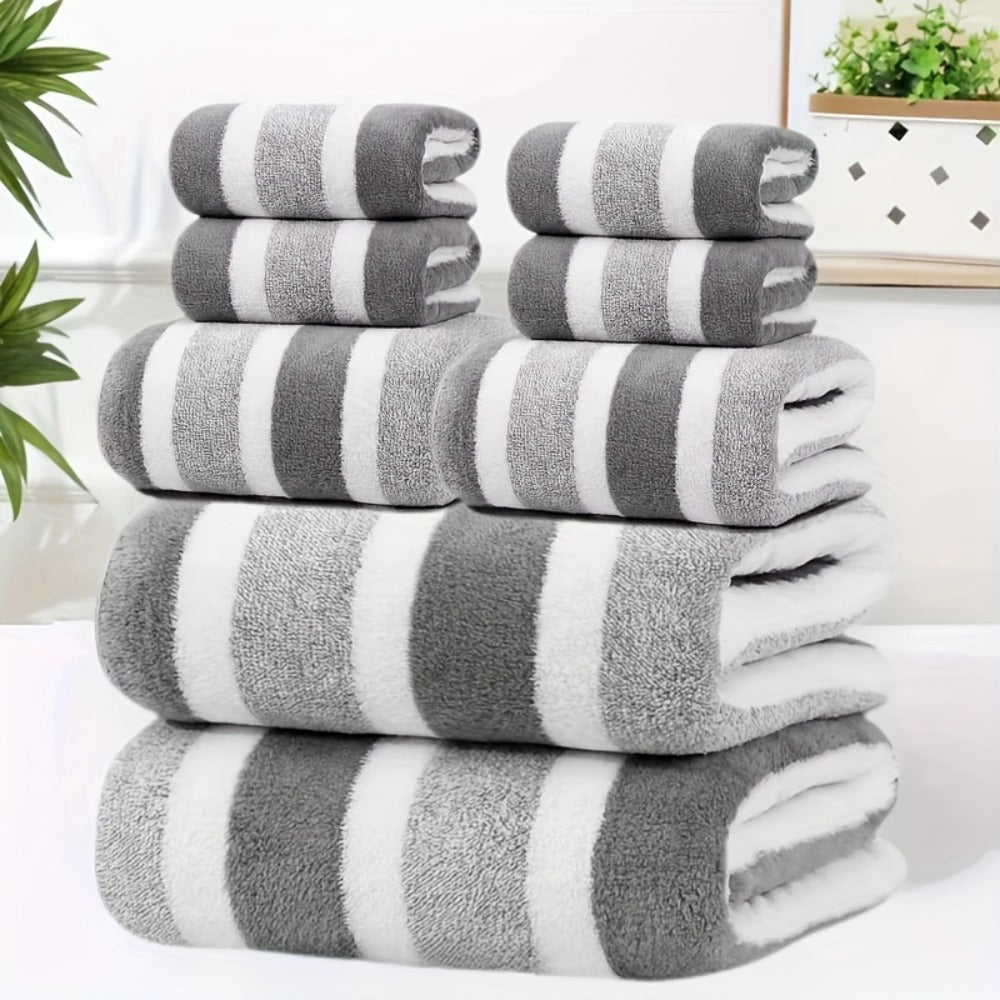 Hotel Towel Set 8 Piece No Hair Loss 280GSM - Five Star Standard Two-Color Striped Super Soft High Absorbency | 2 Bath Towels 2 Face Towels 4 Hand Towels | Grey Red Green | Home Bathroom Spa Gift