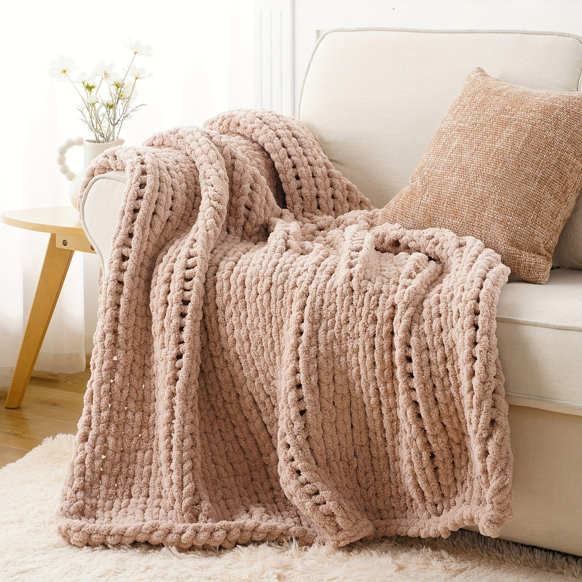 Chunky Chenille Cable Knit Throw Blanket – 350-400gsm Soft Warm Crochet Throw for Sofa, Bed & Couch, Vintage Patchwork, 14 Colors