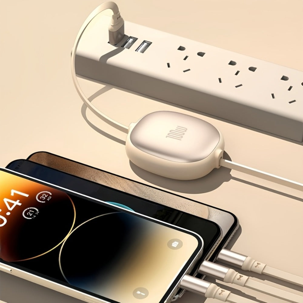 Retractable 3-in-1 Charging Cable 100W Fast Charge – USB-C Micro USB Lightning Multi Connector 1.2m 480Mbps Data Sync for iPhone 15 14 13 12 11 Samsung Galaxy Android – Tangle-Free Travel Cable 6 Colors