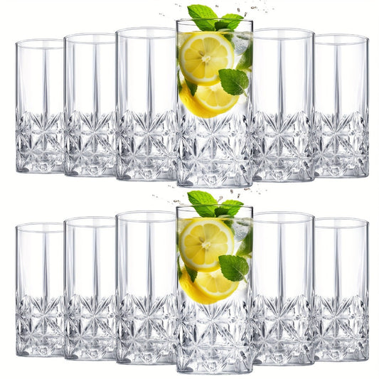 Highball Glasses Set of 12, 12 oz Clear Glass with Vintage Texture