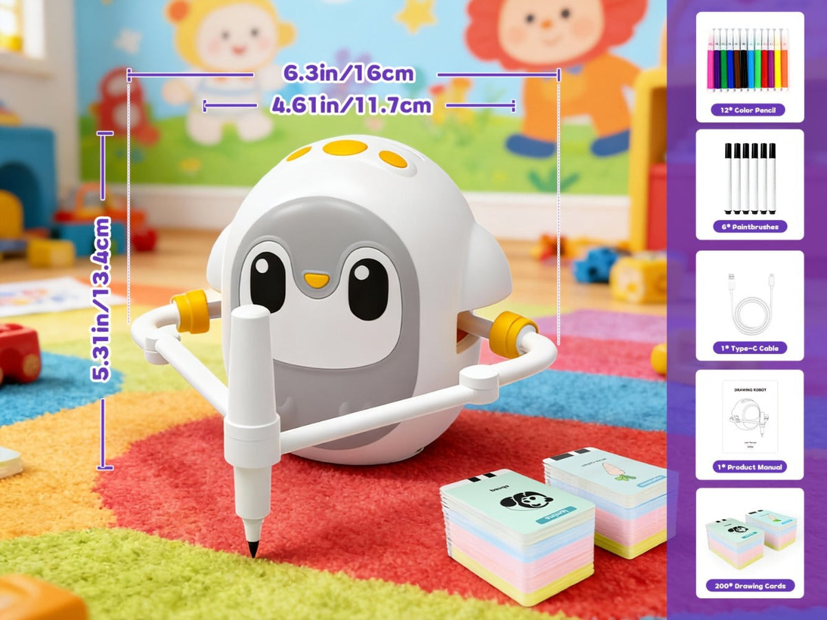Drawing Robot for Kids Penguin, 200 Learning Cards & 12 Color Pens, STEM Art Educational Toy, Screen-Free Interactive Drawing Game, Step-by-Step Lessons for Boys & Girls Ages 3+, USB Charging, Birthday Gift