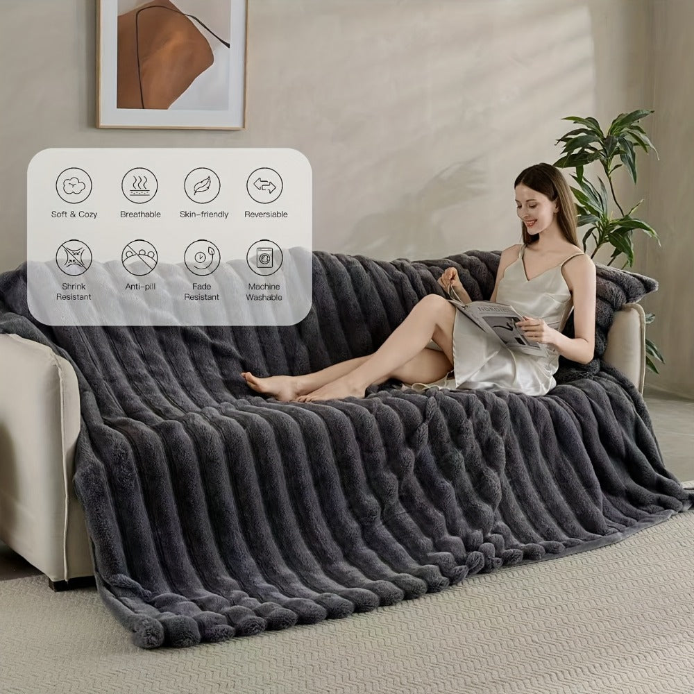 Double-Layer Faux Rabbit Fleece Blanket – 450-500gsm Thickened Soft Warm Throw for Bed, Couch & Travel, All Season, 3 Colors, 5 Sizes