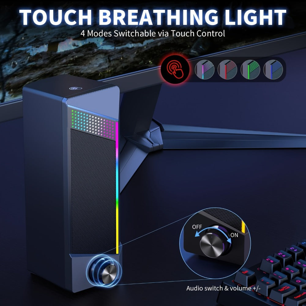 2-in-1 RGB Gaming Computer Speakers Wired, PC Desktop Laptop Soundbar with Subwoofer, Volume Control, RGB Ambient Light, USB Powered, 3.5mm Aux Input for Home Office Gaming