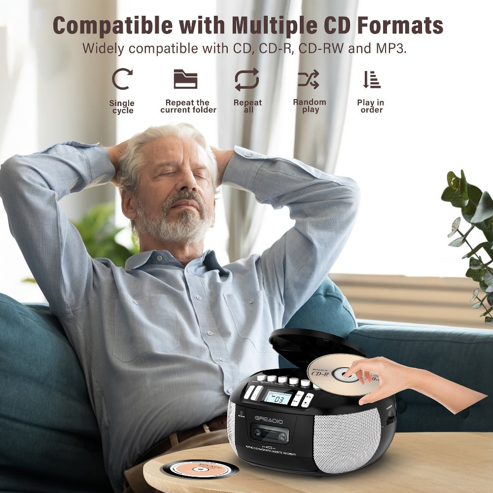 CD and Cassette Player Combo Boombox Portable AM FM Radio Tape Recording Stereo Sound AC DC Powered AUX Headphone Jack Sleep Timer for Home Seniors
