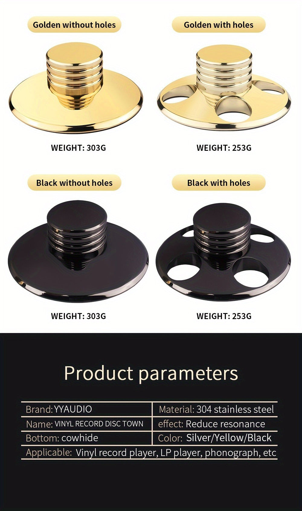 Vinyl Record Weight Stabilizer LP Clamp for Turntables | Metal Disc Stabilizer, Reduces Vibration & Noise, Polished Stainless Steel, Compatible with Most Turntable Models – YYAUDIO