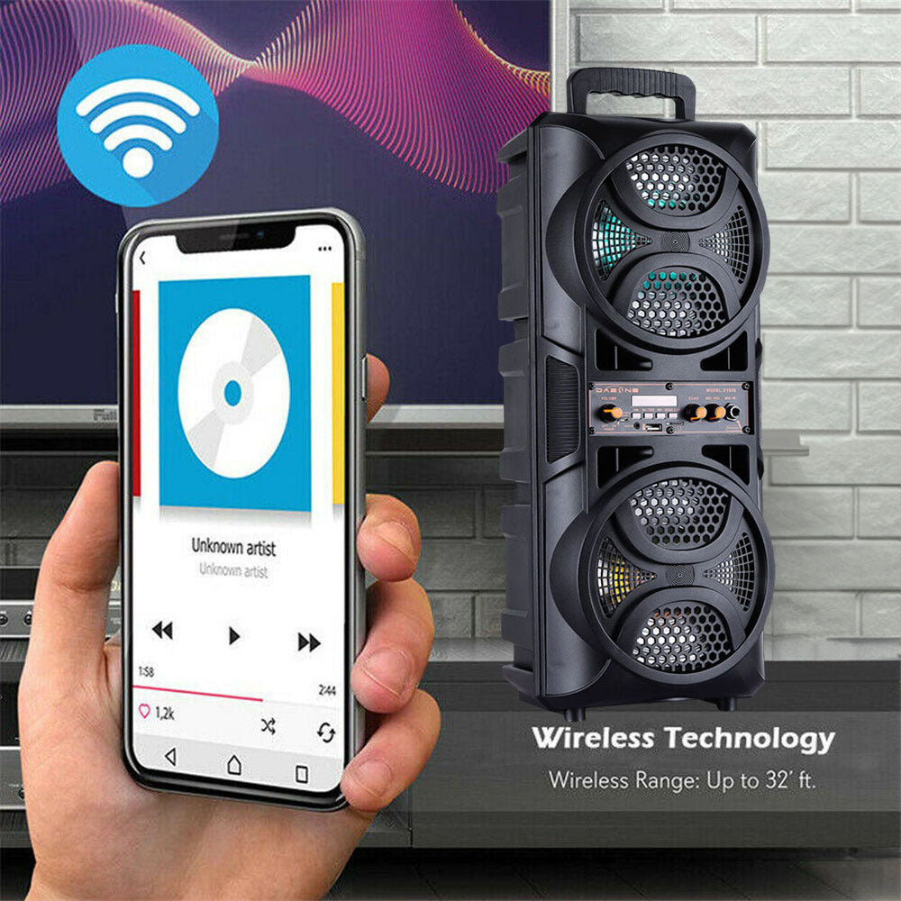 Portable Karaoke Bluetooth Speaker with Wheels & Microphone – Party DJ Sound System Dual 6.5" Woofer LED Lights FM AUX TF USB TWS Rechargeable Outdoor Speaker