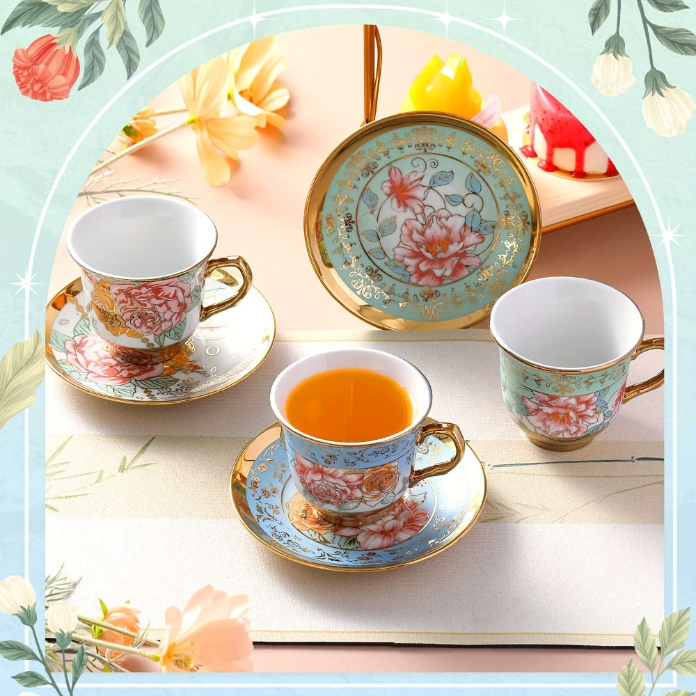 Floral Porcelain Tea Cups and Saucers Set of 12 – 5.4 Oz British Style Tea Party Cups – Classic Elegant Gift for Women – Perfect for Birthday, Mother's Day, Church & Tea Parties