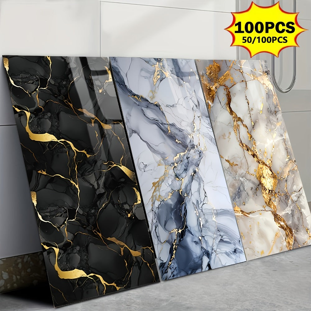 Peel and Stick Marble Tile Stickers – Self Adhesive Foam Wall Tiles for Bathroom Kitchen Office Bohemian Home Decor (50/100pcs, White/Gray/Black/Blue Gold)