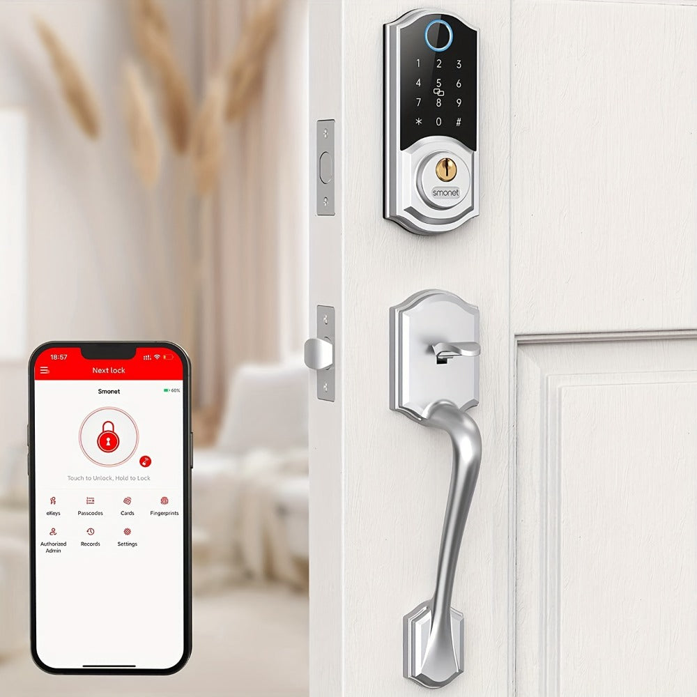 SMONET Smart Deadbolt Lock Set with Handle - Fingerprint, Bluetooth App & Keypad, Auto-Lock, Keyless Entry for Home, Office, Airbnb & Hotel, Oil Rubbed Bronze, Black & Silver