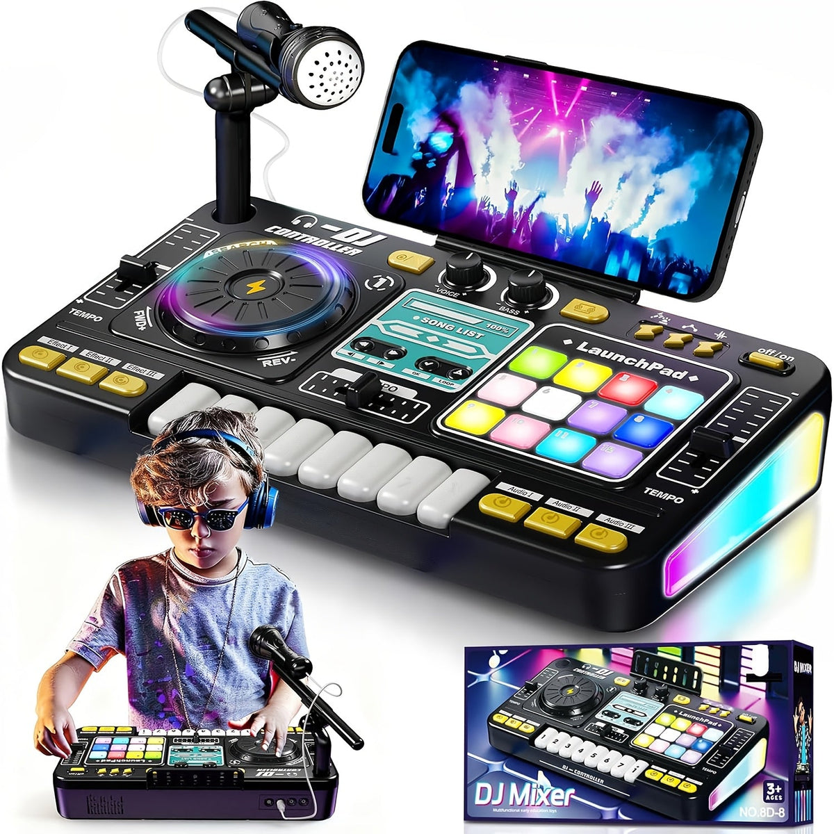 Kids DJ Mixer Toy in Black with LED Lights, Microphone and Piano Keys