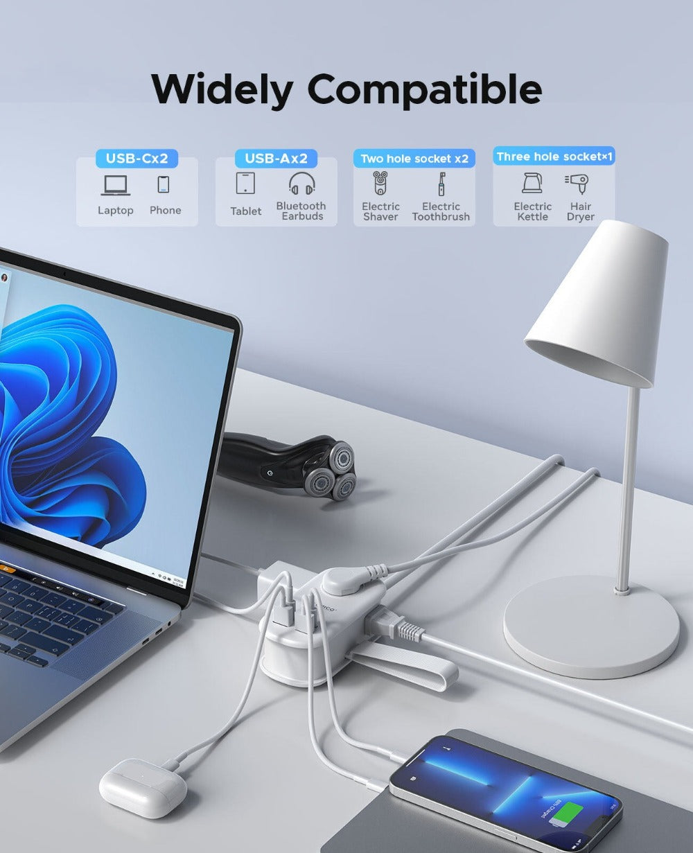 GaN 65W Portable Power Strip Fast Charging - 3 AC Outlets, 2 USB-C & 2 USB-A Ports, Flat Plug, 50-inch Cable, Compact Travel Charging Station for Laptop Tablet Phone Home Office Studio