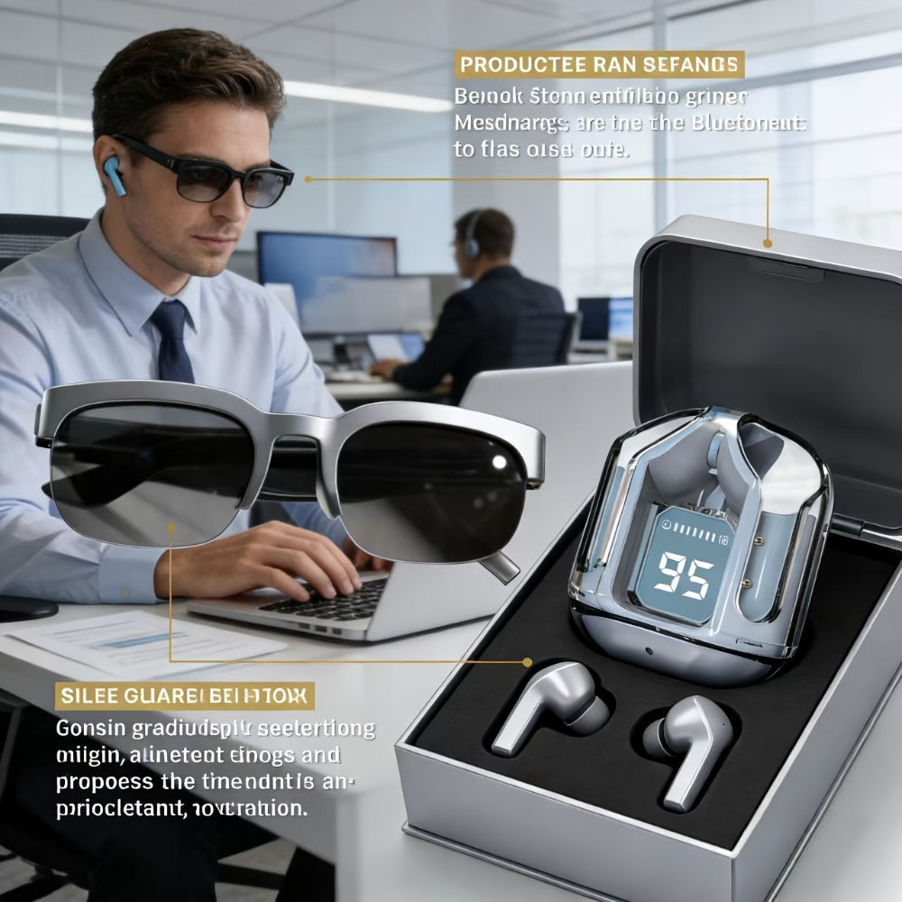 AI Translation Glasses & Wireless Headphones Bundle – Real-Time Multi-Language Translation, HiFi Audio, Built-in Mic, Rechargeable – Blue Gaming Headset or Pink Sports Earphones