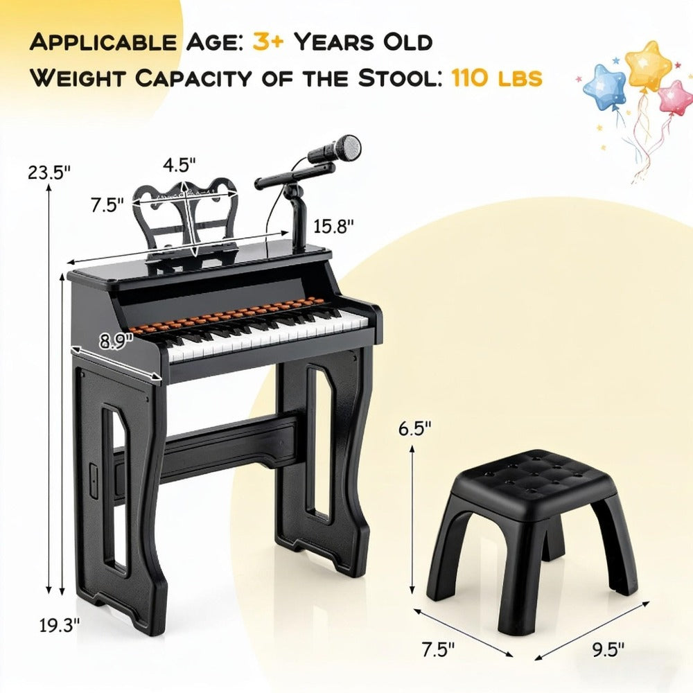 Kids Piano Set 37 Keys with Microphone, Detachable Music Stand & Stool, 22 Demos 8 Tones 8 Percussion Effects, Multifunctional Educational Piano Learning Toy for Toddlers Boys & Girls Ages 3+, Black