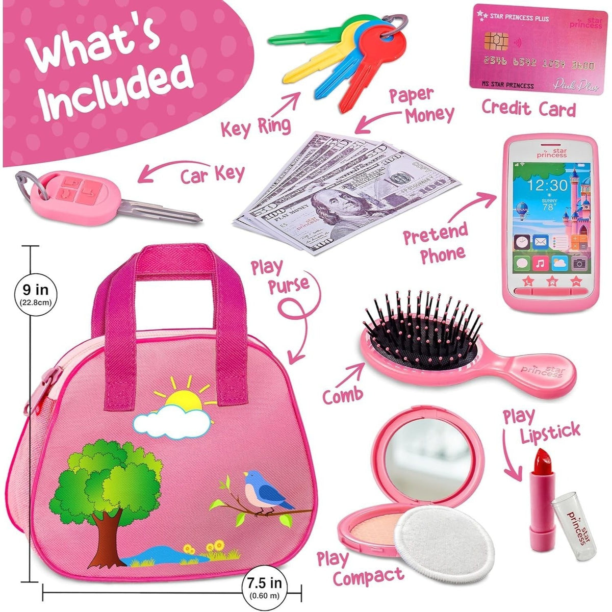 Kids Pretend Play Purse Set with Toy Phone, Keys and Makeup Accessories