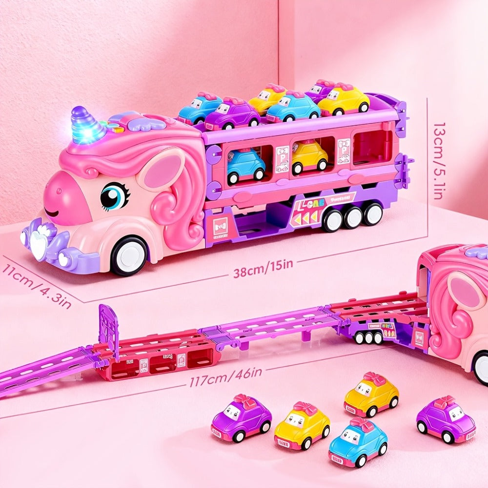 Unicorn Monster Truck Track Set with 8 Mini Cars and Fold-Out Race Track