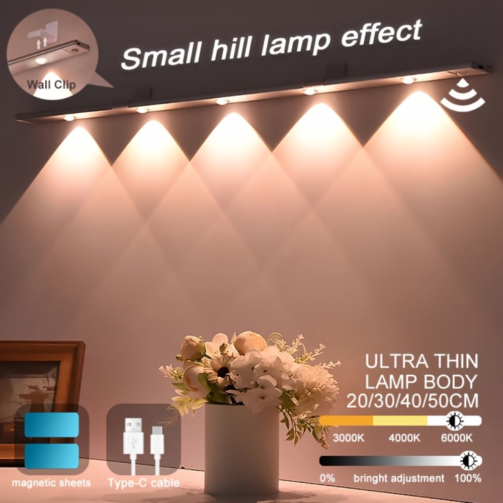 Motion Sensor LED Strip Light USB Rechargeable – 3-Color Dimmable Wireless Night Light for Kitchen, Wardrobe, Cabinet, Shoe Cabinet & Bedroom (20cm / 30cm / 40cm / 50cm, 1 or 2 Pack)