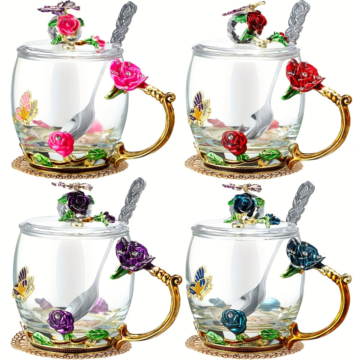 Flower Glass Tea Cups with Lids and Spoon Set of 4 – Butterfly Floral Vintage Clear Glass Mugs 11oz, Fancy Teacup Gift Set for Women Mom Wife Girlfriend, Pink Purple Blue Red