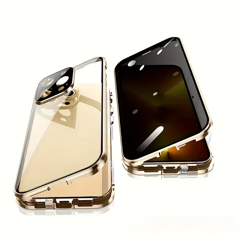 Clear Back Privacy iPhone Case with Metal Frame & Magnetic Double-Sided Tempered Glass – Anti-Peep Anti-Spy Transparent Cover for iPhone 12 13 14 15 16 Pro Max Plus, Wireless Charging Compatible