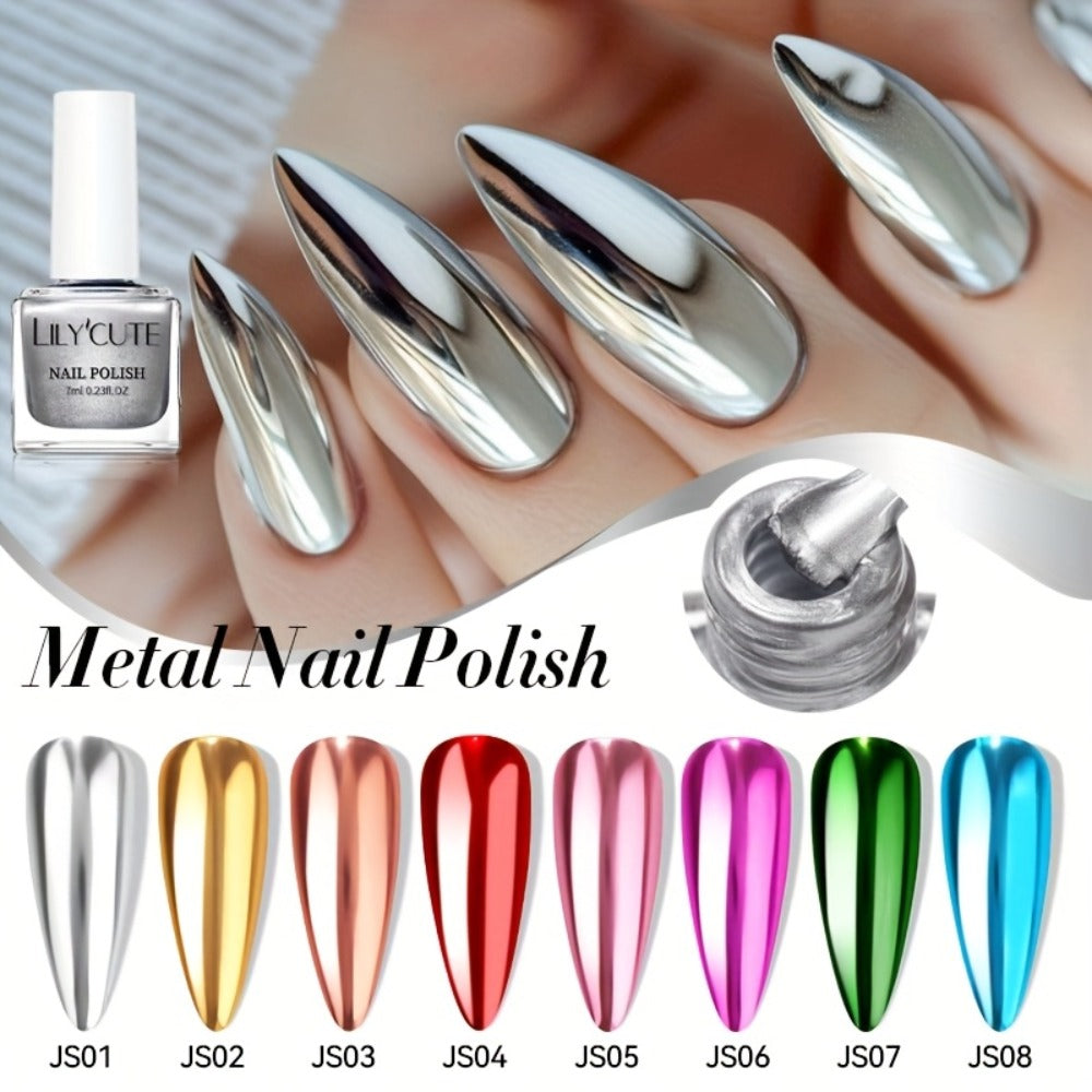 Quick-Dry Metallic Nail Polish Set 8 Colors - Super Bright Mirror Finish No UV Lamp Needed Regular Nail Polish, French Style Glass Bottle Nail Art Kit for Women Girls