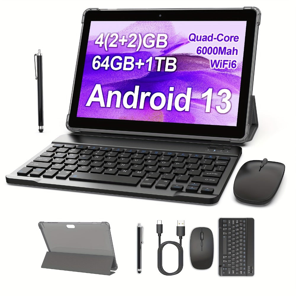10 Inch 2-in-1 Android Tablet with Keyboard, 64GB ROM 6000mAh Battery, Quad-Core WiFi Tablet with Optional Keyboard Case Mouse & Stylus, 2MP+8MP Dual Camera, 1TB Expandable Storage