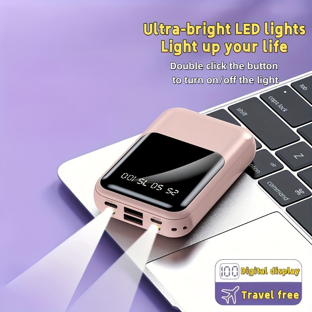 10000mAh Mini Power Bank with Built-in 4 Cables – 22.5W Super Fast Charging, LED Display, Cute Portable Charger for iPhone, Android, Samsung & Travel, Ultra-Compact Battery Pack with LED Light