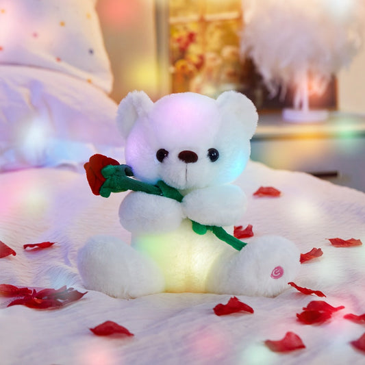 Rose Bear Plush with LED Glow, White Flower Accent Romantic Gift