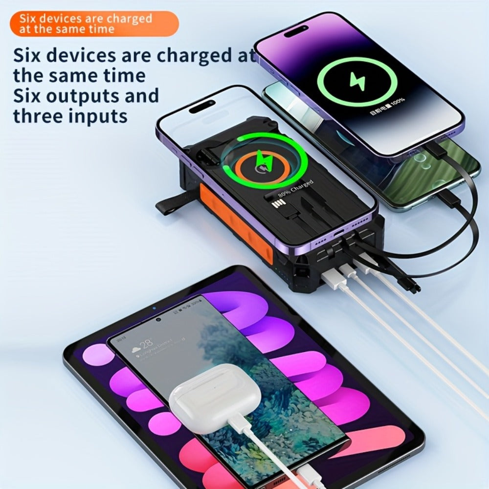 Hand Crank Solar Power Bank 30000mAh Wireless Charging 7 Output Ports 4 Input Options SOS Emergency Light 15W Fast Charge 3 Built-in Cables Camping Hiking Outdoor Survival Orange