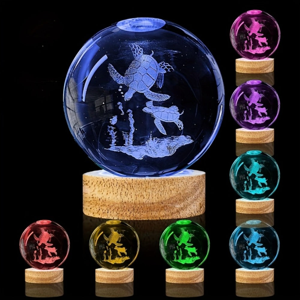 3D Sea Turtle Crystal Ball Night Light – LED Color Glow Glass Orb Lamp with Bamboo Base, Ocean Animal Figurine Desk Light for Home Bedroom Decor, Unique Gift for Turtle Lovers, Elders & Friends (2.36in)