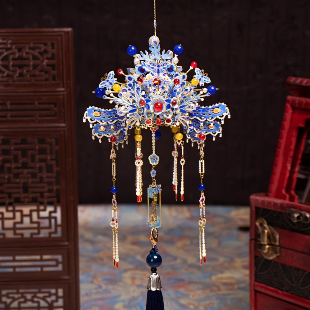 3D Metal Puzzle Phoenix Crown Qingluan – Blue & Gold DIY Assembly with Beads & Tassels, Chinese Mythology Art Collectible, Unique Romantic Gift for Girlfriend Boyfriend Birthday Anniversary