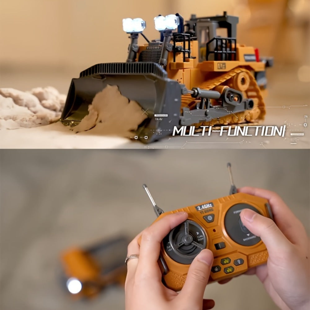 RC Construction Vehicle Toy 2.4GHz Remote Control Excavator Bulldozer Loader with Alloy Metal Cover Lights & Sound Effects – Crawler Tractor Truck for Boys Ages 8+ Birthday Christmas Gift