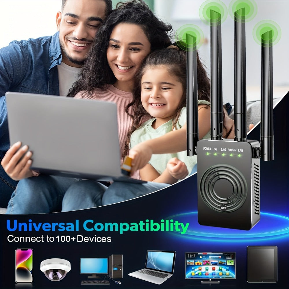 12880 Sq Ft WiFi Booster 1200Mbps Dual Band - Long Range Signal Extender Repeater Covers 105 Devices, Built-In Ethernet Port, WPS Easy Setup for Large Home Office Basement Garage Backyard