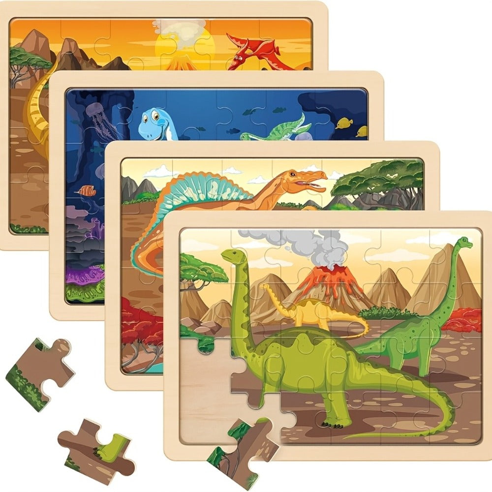 Dinosaur Wooden Jigsaw Puzzle Set for Kids, 4 Puzzles with 24 Pieces Each