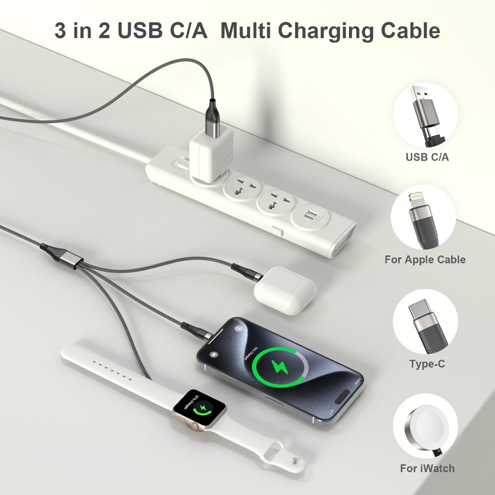 Multi Charging Cable 3-in-2 Fast Charging Set of 2, Compatible with Apple Watch Ultra Series 10 9 8 7 6 SE iPhone 16 15 14 13 12 Samsung Galaxy, USB-C & USB-A, 2FT + 4FT Portable Cord Combo