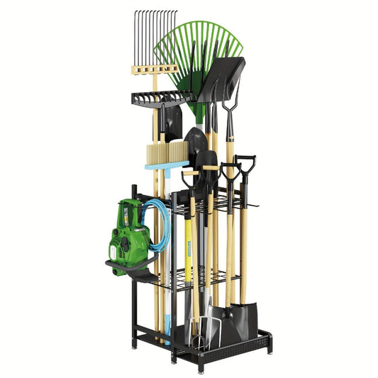 Garden Tool Organizer with Hooks, Freestanding Metal Garage Rack