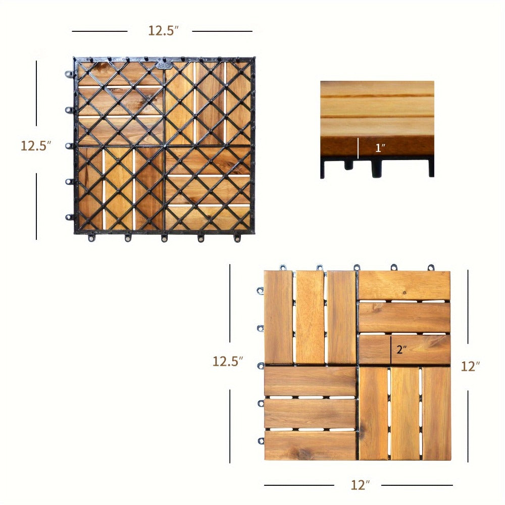 Interlocking Acacia Wood Deck Tiles 27-Pack – 12x12 Inch Oil-Finished Slat Tiles, Covers 27 Sq Ft, Tool-Free Install, for Patio, Balcony, Garden, Deck & Indoor Flooring