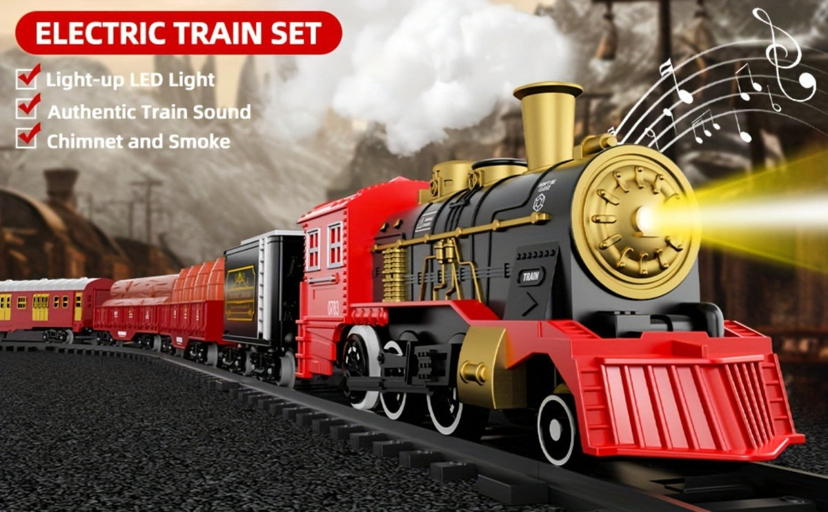 Electric Train Set with Smoke, Lights & Sound – 6-Car Christmas Toy Train with Switch Tracks