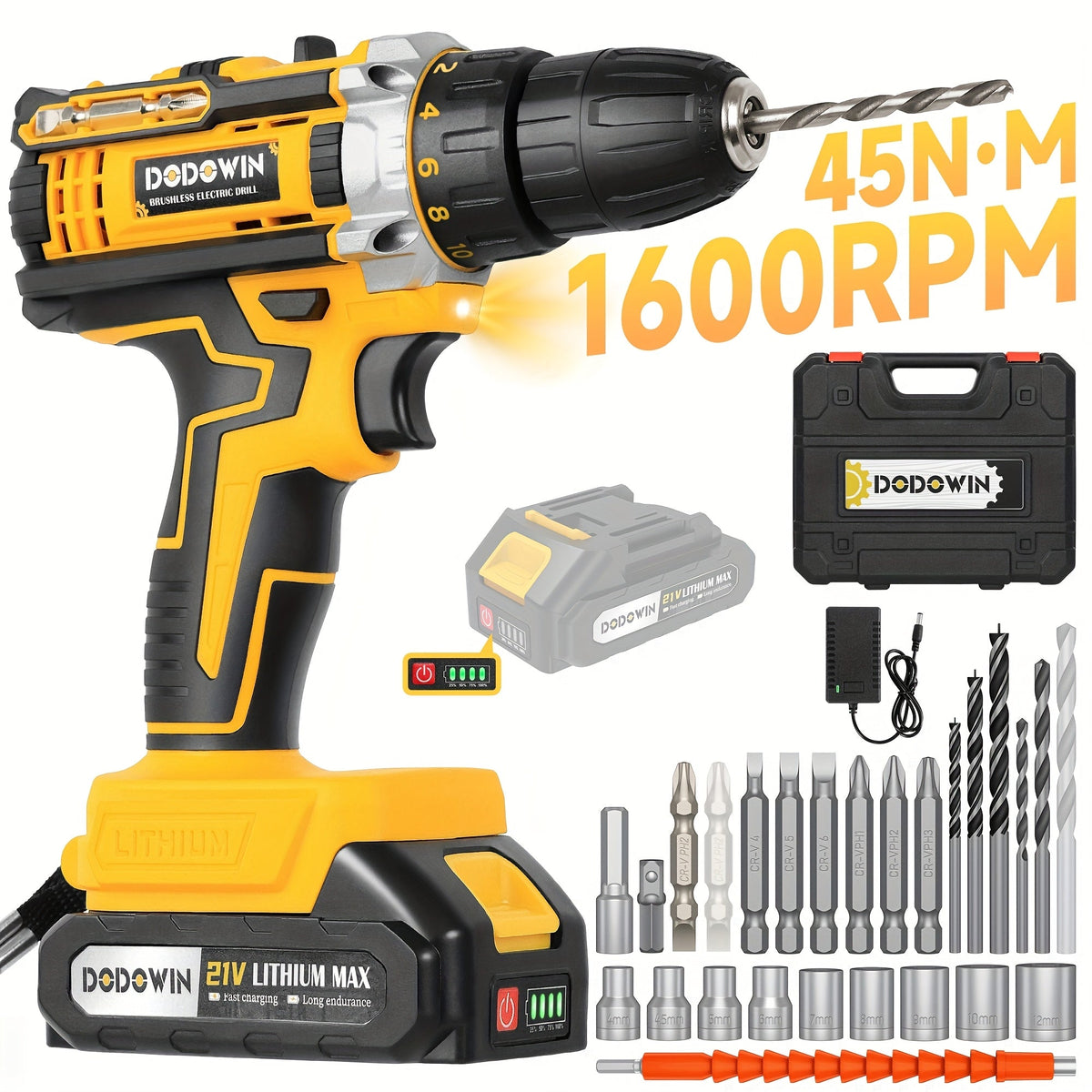 Cordless Impact Drill Set 12V / 21V Electric Drill Kit – 45Nm Torque, 2-Speed, Keyless Chuck, LED Light, Battery & Charger Included, Up to 115pcs Accessories for Home Repair, DIY & Construction
