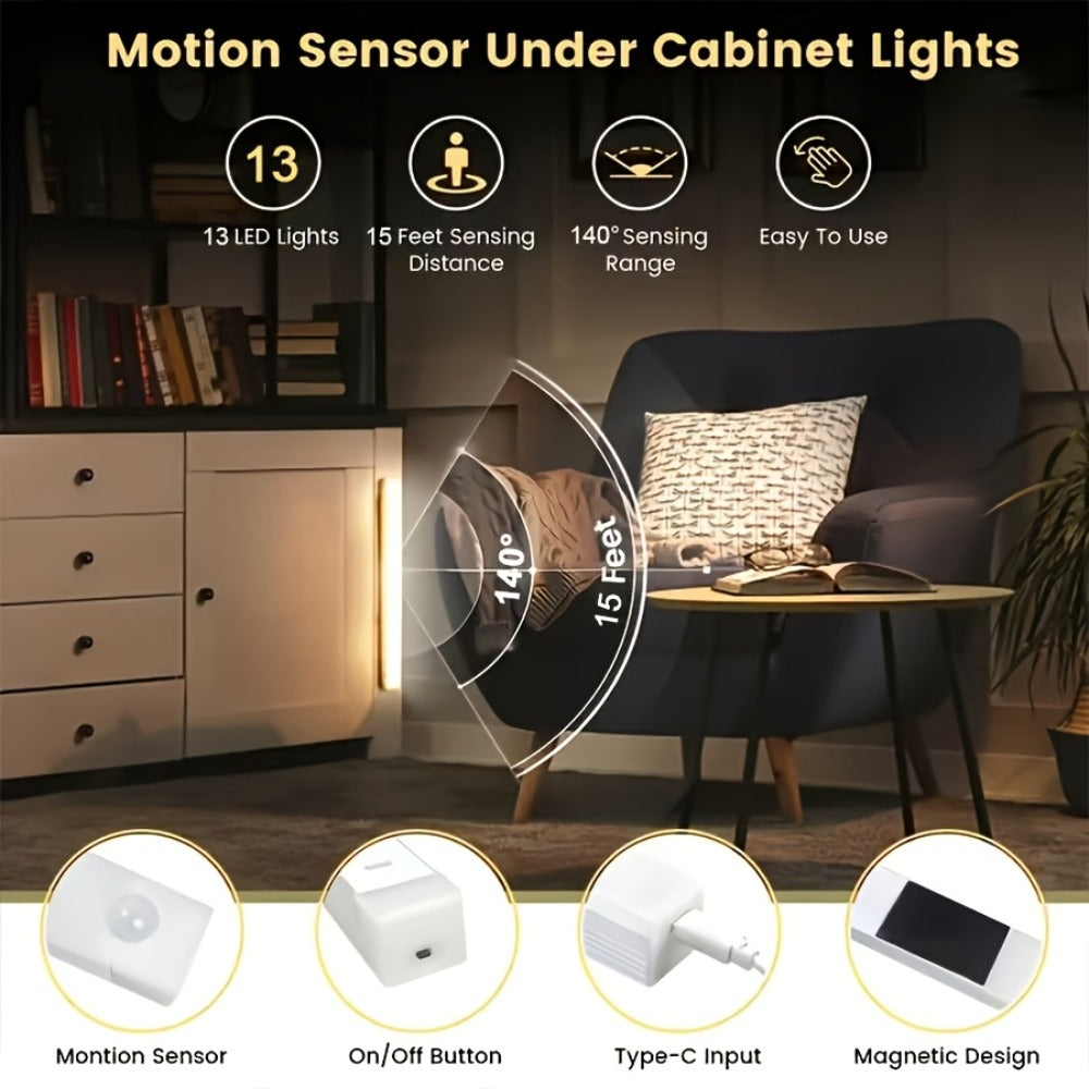 Rechargeable Motion Sensor LED Night Light 6 Pack - 400mAh USB, 3 Brightness Levels, Wireless Stick-On Bar for Cabinet, Stair, Bedroom, Kitchen & Hallway (3.94" / 7.87" / 11.8", 3 or 6 Pack)