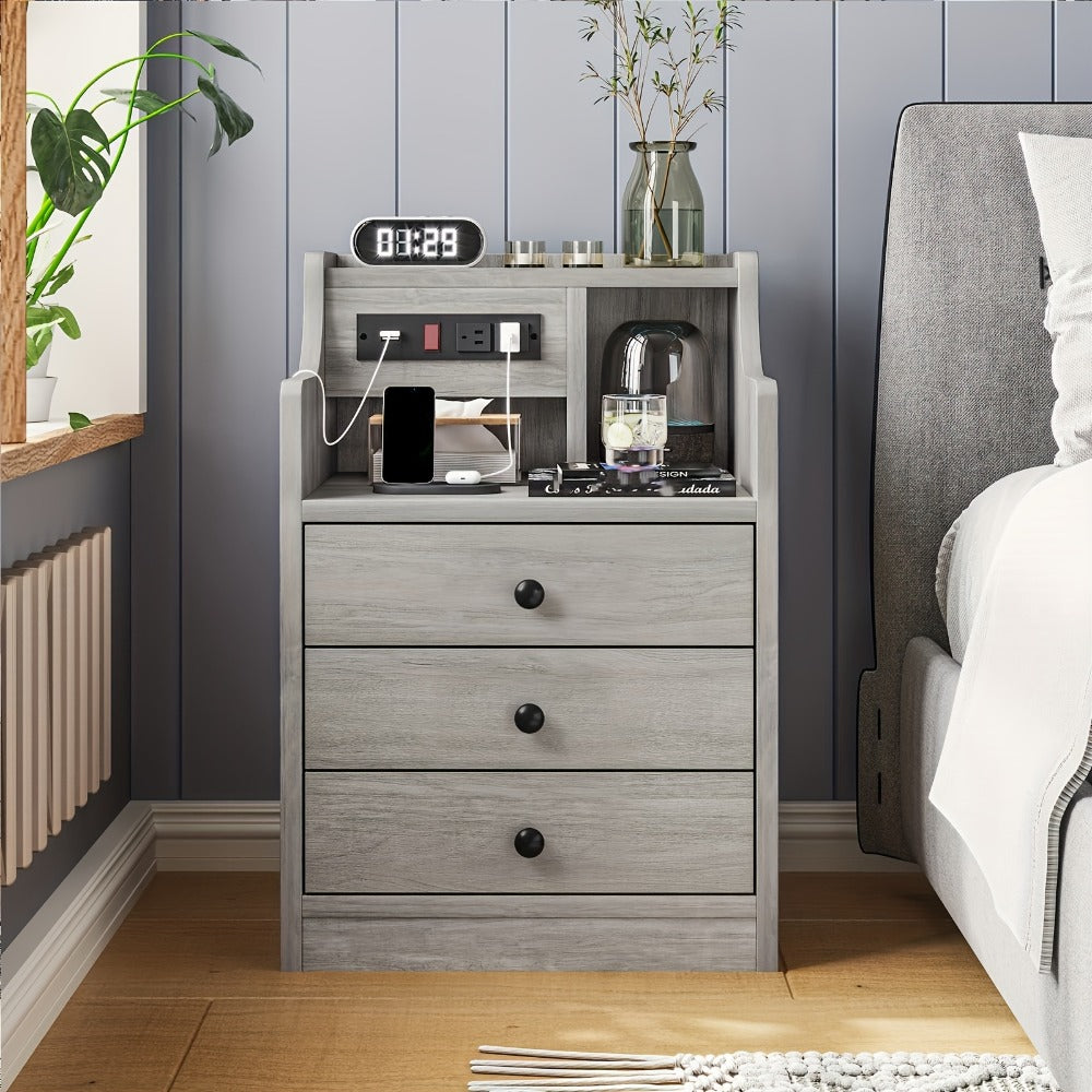 Nightstand with Power Outlets and USB Ports – 3-Drawer Hutch Charging Station | 2 Outlets 2 USB | Bedroom End Table Side Table | 14"D x 17.7"W x 26.8"H | Gray or White | Housewarming Gift
